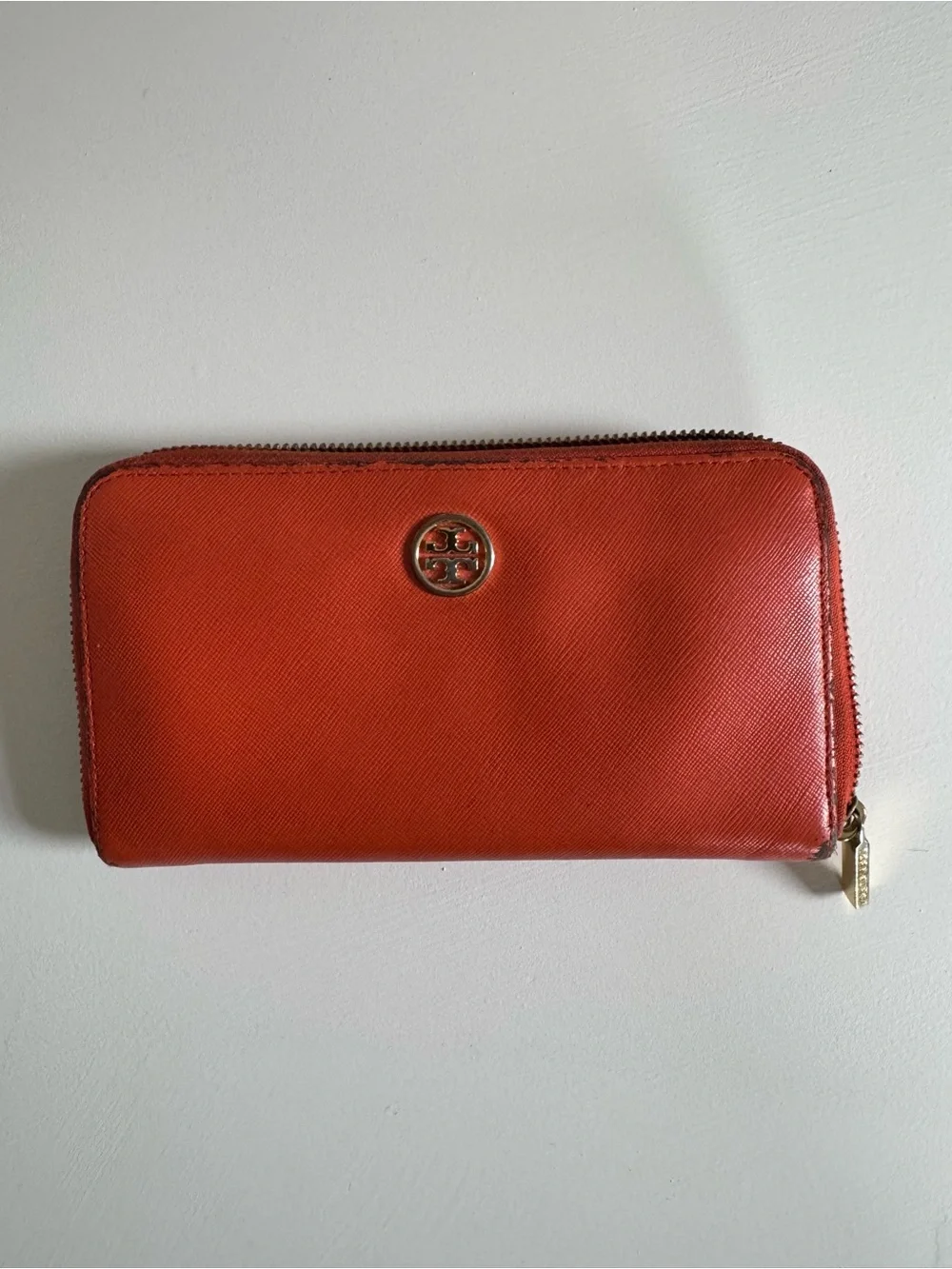 Tory Burch Coral-Orange Zip Wallet with Gold Logo